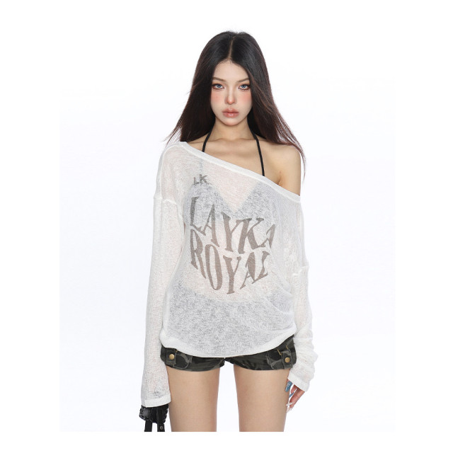 美式慵懶風斜肩長袖T恤女夏季薄款透氣空調衫防曬罩衫上衣