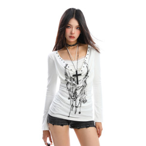 亞文化蕾絲蕩領塗鴉長袖T恤女秋季輕亞風y2k假兩件上衣潮