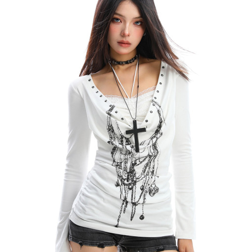 亞文化蕾絲蕩領塗鴉長袖T恤女秋季輕亞風y2k假兩件上衣潮