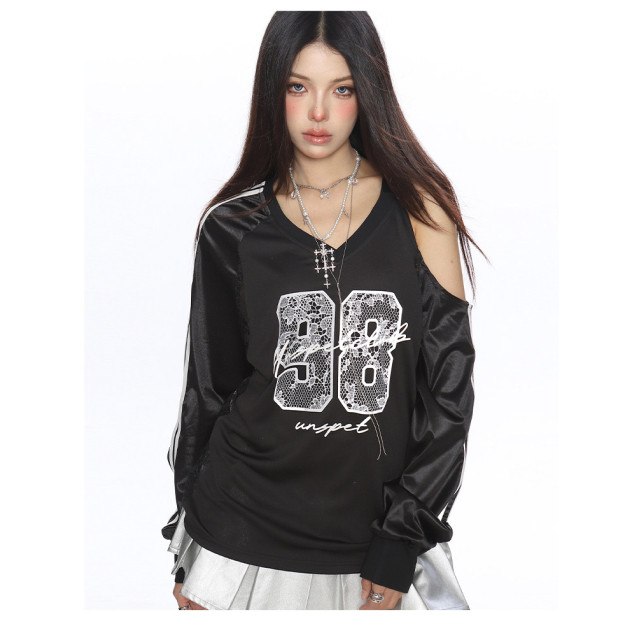 辣妹蕾絲字母露肩v領長袖衛衣女秋季寬松顯瘦運動球衣上衣