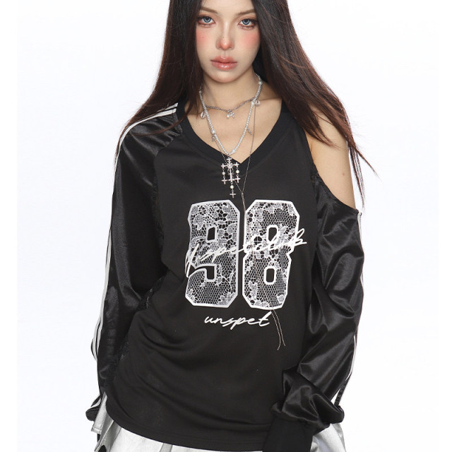 辣妹蕾絲字母露肩v領長袖衛衣女秋季寬松顯瘦運動球衣上衣