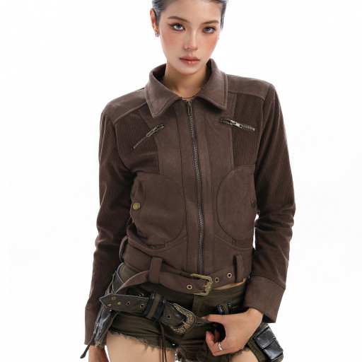 美式麂皮絨機車服工裝夾克女秋冬辣妹顯瘦翻領短款外套潮