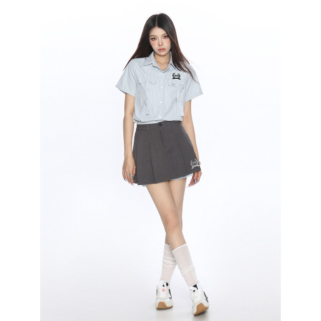 韓系穿搭豎條紋Polo領襯衫套裝女夏季a字顯瘦百褶裙兩件套