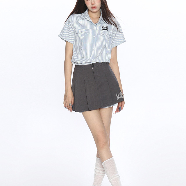 韓系穿搭豎條紋Polo領襯衫套裝女夏季a字顯瘦百褶裙兩件套