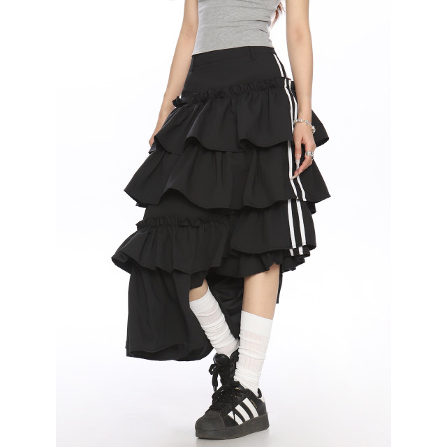 半身裙女夏季新款美式復古不規則條紋撞色設計寬松蛋糕裙