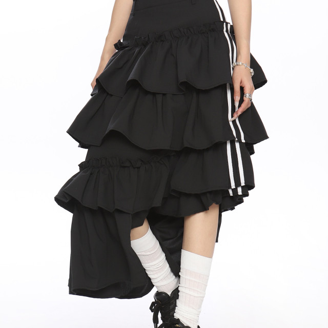 半身裙女夏季新款美式復古不規則條紋撞色設計寬松蛋糕裙