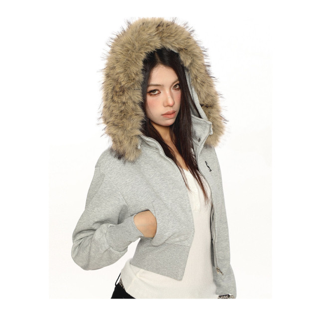 美式連帽大毛領可拆卸短款衛衣女春秋加絨辣妹開衫外套潮