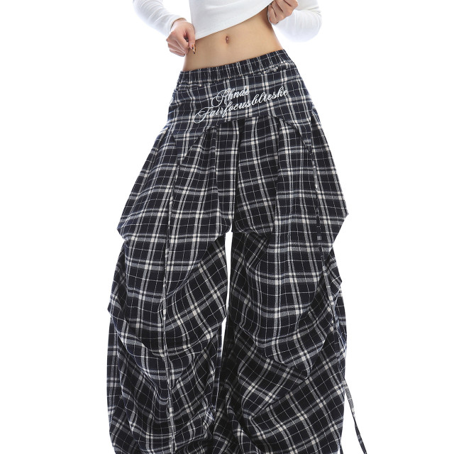 美式字母刺繡格子屁簾彎刀闊腿褲女休閑百搭闊腿拖地長褲