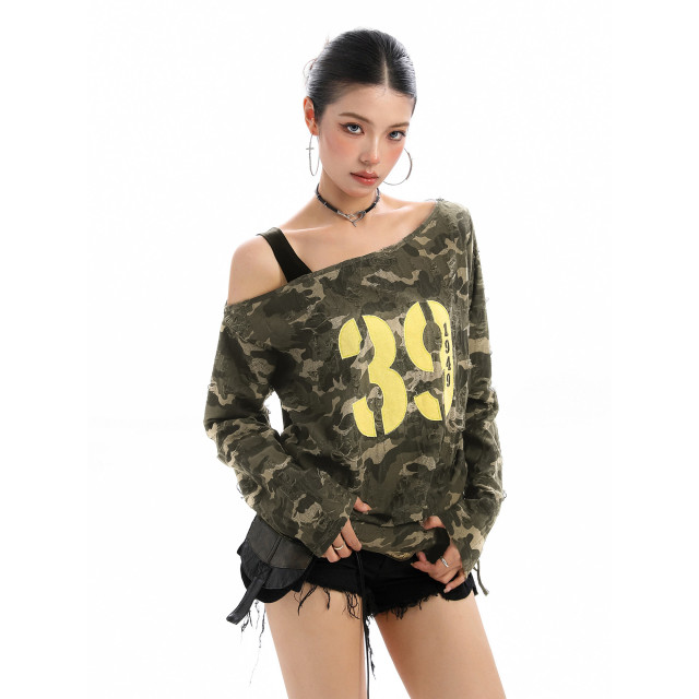 辣妹斜肩迷彩字母長袖T恤女秋季抽繩綁帶露肩顯瘦內搭上衣