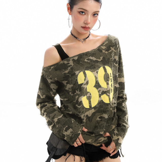 辣妹斜肩迷彩字母長袖T恤女秋季抽繩綁帶露肩顯瘦內搭上衣
