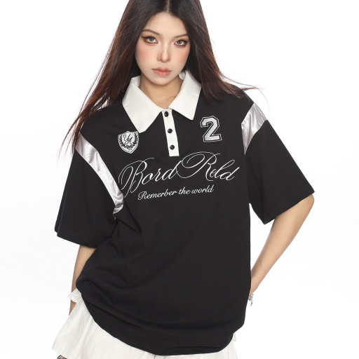 美式插肩袖polo領短袖T恤女夏季運動風休閑寬松球衣上衣潮