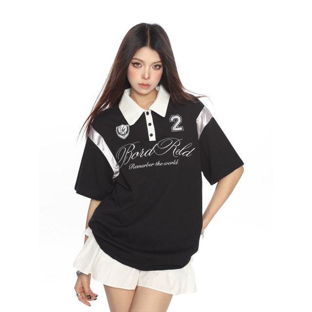 美式插肩袖polo領短袖T恤女夏季運動風休閑寬松球衣上衣潮