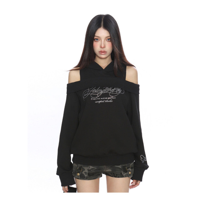 美式燙鉆露肩連帽衛衣女秋冬設計感假兩件寬松休閑上衣潮