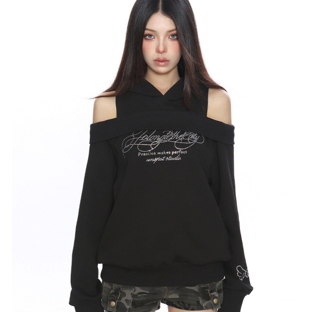 美式燙鉆露肩連帽衛衣女秋冬設計感假兩件寬松休閑上衣潮