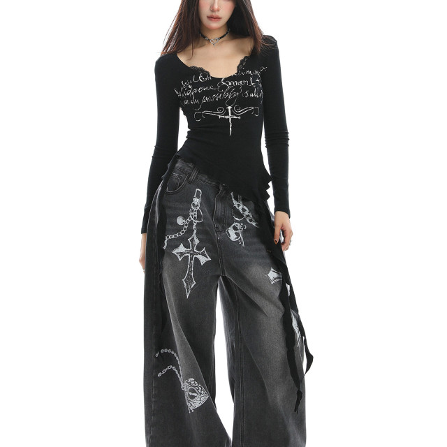 不規則設計感v領蕾絲邊長袖T恤女秋季辣妹顯瘦內搭上衣潮