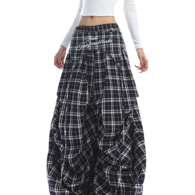 美式字母刺繡格子屁簾彎刀闊腿褲女休閑百搭闊腿拖地長褲