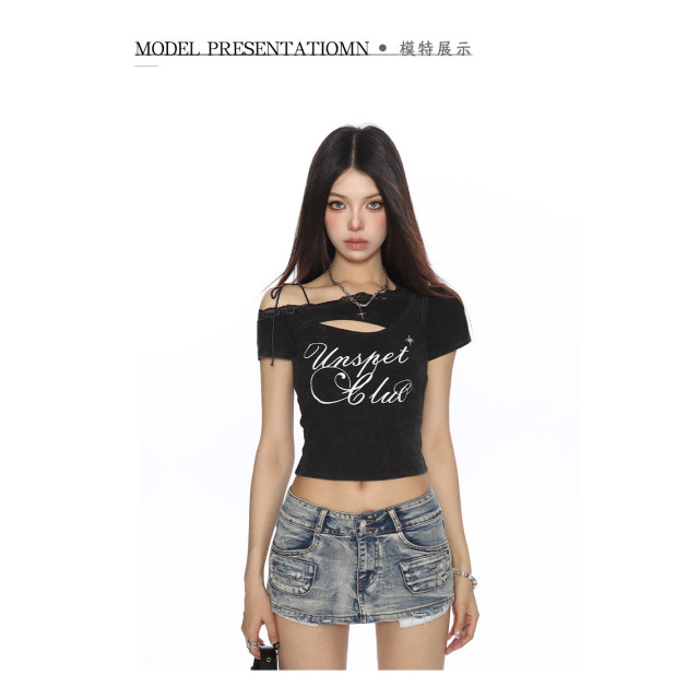 辣妹不規則斜肩吊帶短袖T恤女夏季純欲蕾絲邊顯瘦短上衣潮