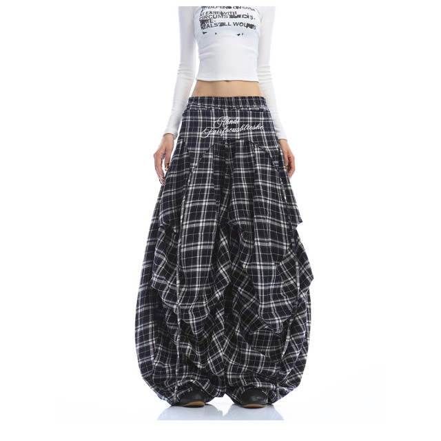 美式字母刺繡格子屁簾彎刀闊腿褲女休閑百搭闊腿拖地長褲