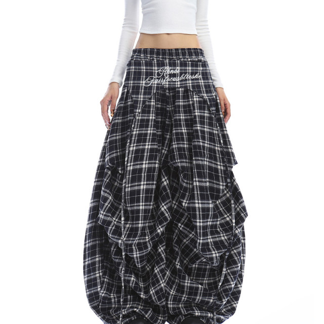 美式字母刺繡格子屁簾彎刀闊腿褲女休閑百搭闊腿拖地長褲