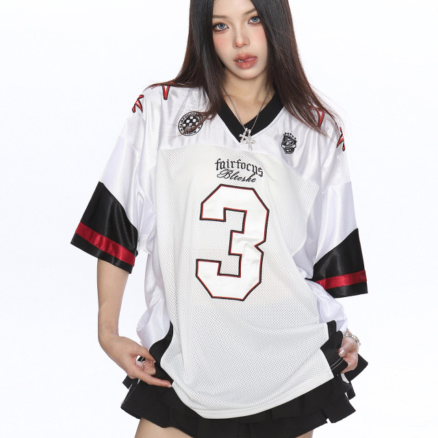 美式撞色字母v領短袖T恤女夏季澤西風休閑運動寬松球衣潮