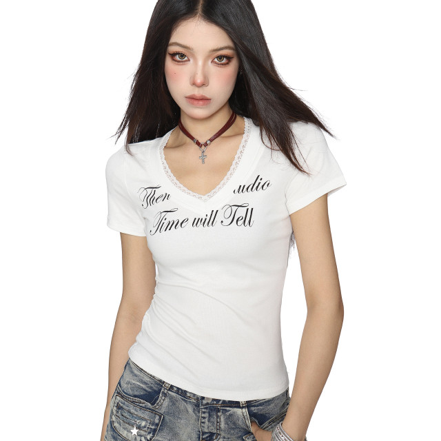 美式v領蕾絲邊字母正肩短袖T恤女夏季收腰顯瘦短款上衣潮