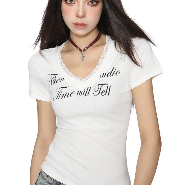 美式v領蕾絲邊字母正肩短袖T恤女夏季收腰顯瘦短款上衣潮