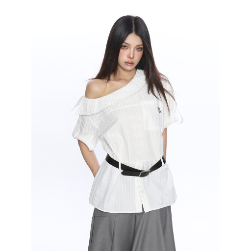 韓系穿搭斜肩短袖襯衫T恤女夏季不規則設計露肩顯瘦上衣潮