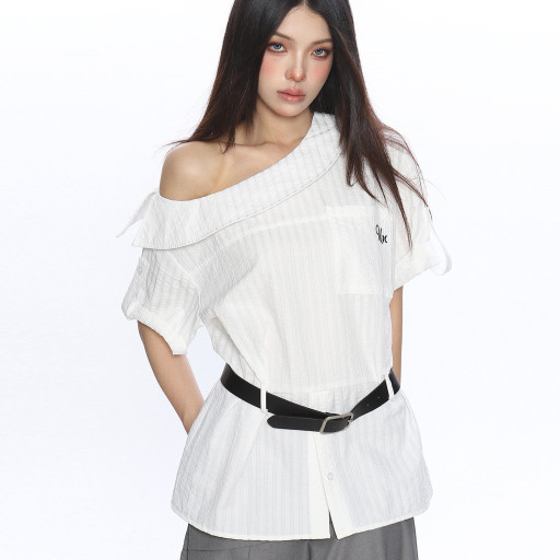 韓系穿搭斜肩短袖襯衫T恤女夏季不規則設計露肩顯瘦上衣潮