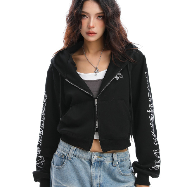 美式哥特風連帽短款衛衣女秋冬辣妹運動休閑拉鏈外套帽杉