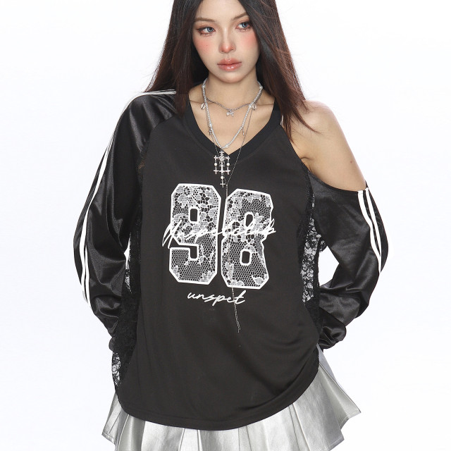 辣妹蕾絲字母露肩v領長袖衛衣女秋季寬松顯瘦運動球衣上衣