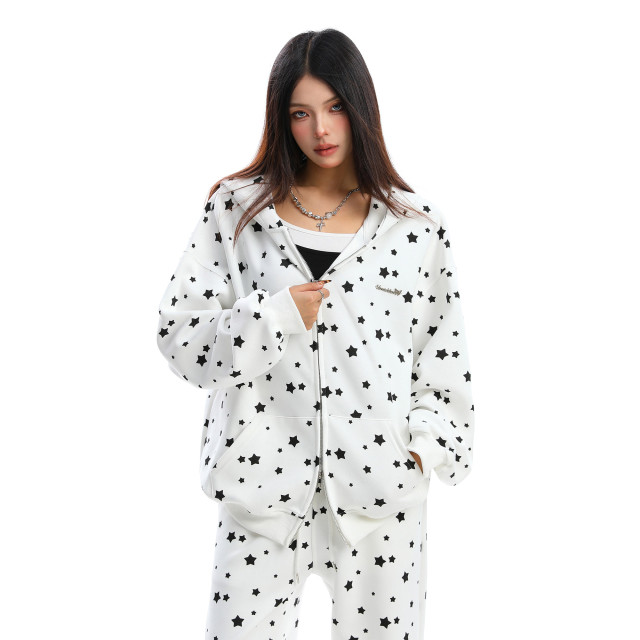 美式滿印星星兔耳朵連帽衛衣女秋冬休閑褲兩件套外套套裝