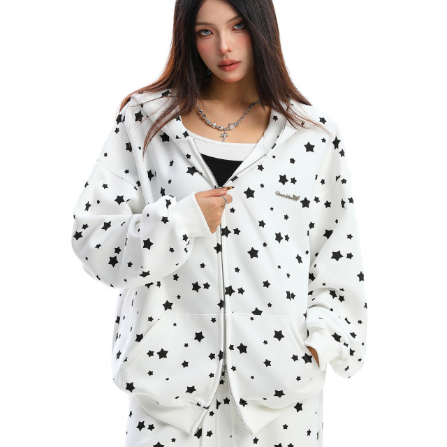 美式滿印星星兔耳朵連帽衛衣女秋冬休閑褲兩件套外套套裝