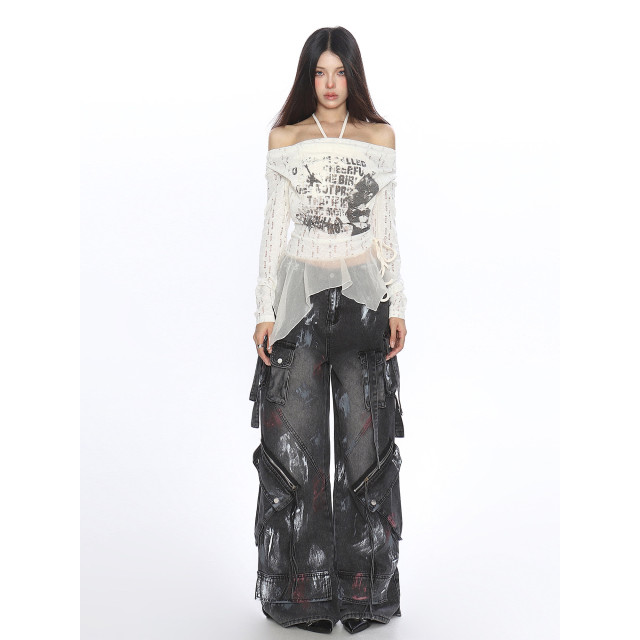 輕亞風蕩領假兩件長袖T恤女秋季不規則下擺辣妹內搭上衣潮