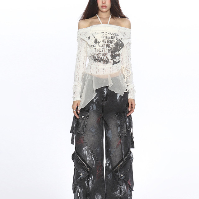 輕亞風蕩領假兩件長袖T恤女秋季不規則下擺辣妹內搭上衣潮