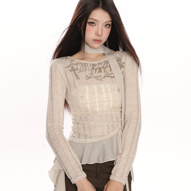 辣妹收腰抽繩鏤空針織衫T恤女春夏修身顯瘦精致內搭上衣潮