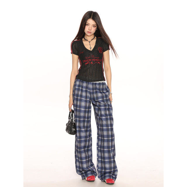 美式V領透視刺繡正肩短袖T恤女夏季修身顯瘦短款球衣上衣