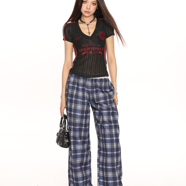 美式V領透視刺繡正肩短袖T恤女夏季修身顯瘦短款球衣上衣