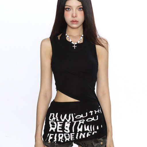 設計感辣妹性感露腰T恤女夏季不規則收腰顯瘦無袖背心上衣