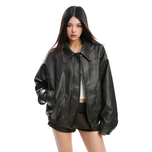 可愛凱蒂貓壓印pu皮夾克皮衣女秋冬高級感百搭棒球服外套