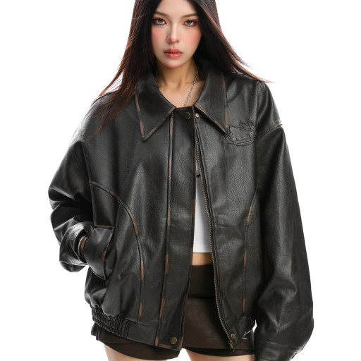 可愛凱蒂貓壓印pu皮夾克皮衣女秋冬高級感百搭棒球服外套