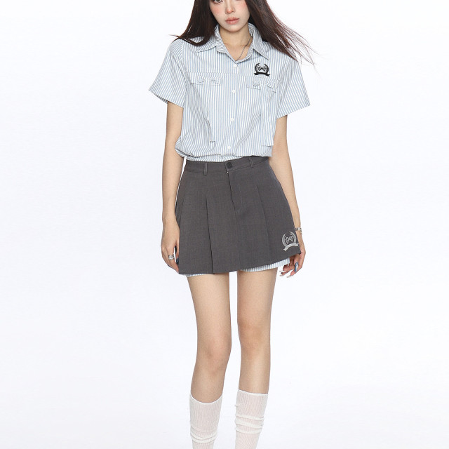 韓系穿搭豎條紋Polo領襯衫套裝女夏季a字顯瘦百褶裙兩件套