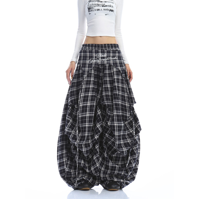 美式字母刺繡格子屁簾彎刀闊腿褲女休閑百搭闊腿拖地長褲