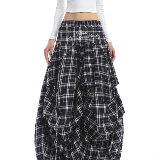 美式字母刺繡格子屁簾彎刀闊腿褲女休閑百搭闊腿拖地長褲