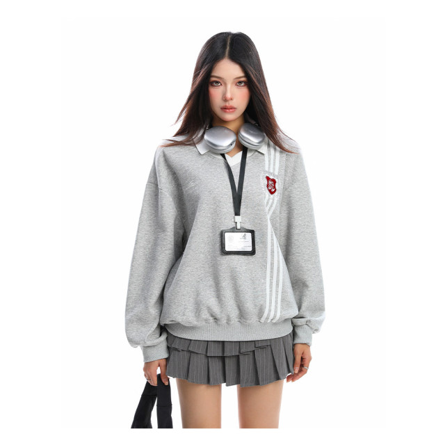 學院風Polo領杠條衛衣女秋冬帶校牌運動風假兩件情侶上衣
