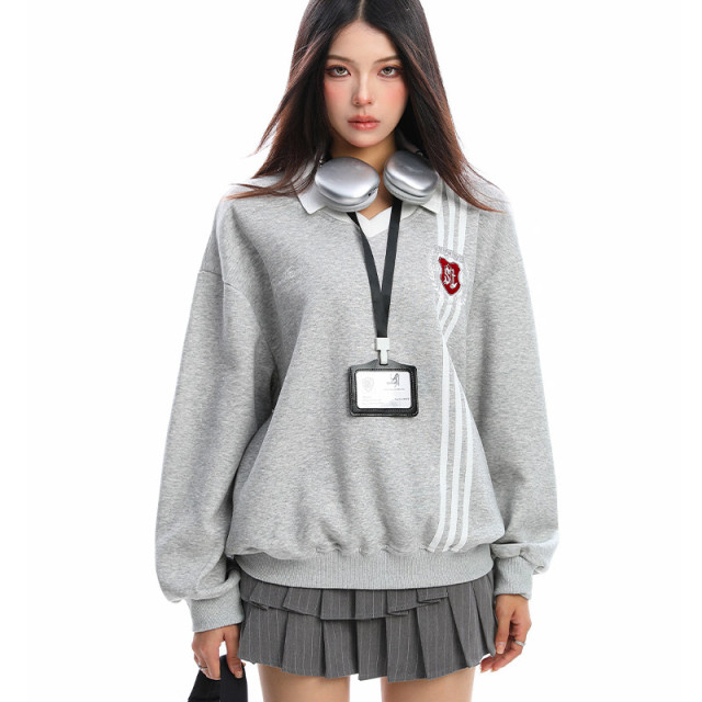 學院風Polo領杠條衛衣女秋冬帶校牌運動風假兩件情侶上衣