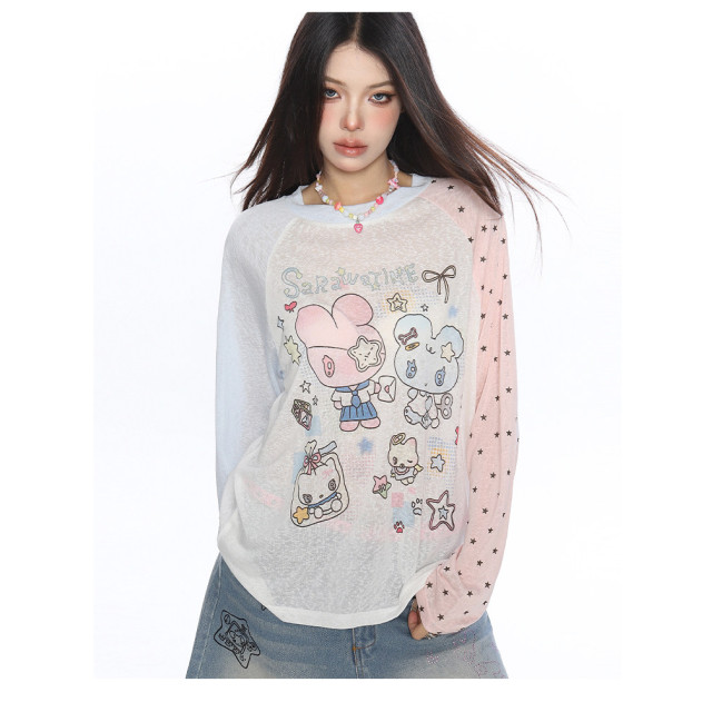 動漫二次元印花撞色長袖T恤女夏季薄款顯瘦防曬空調衫上衣