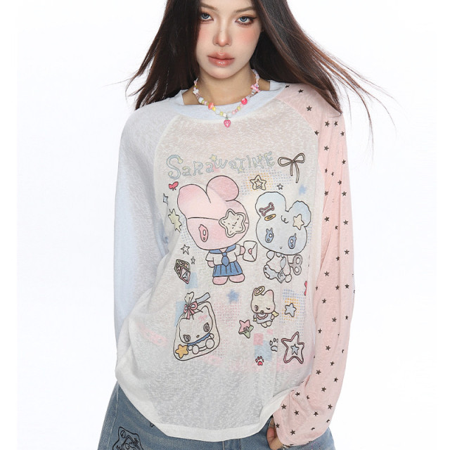 動漫二次元印花撞色長袖T恤女夏季薄款顯瘦防曬空調衫上衣