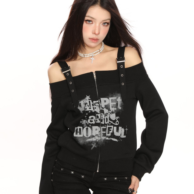 y2k朋克塗鴉吊帶一字肩衛衣女春秋修身顯瘦辣妹露肩上衣潮