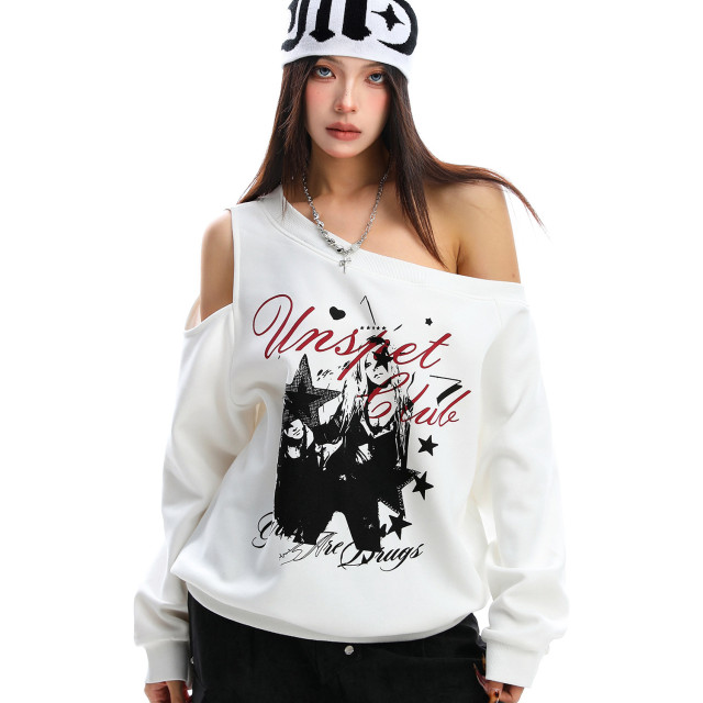 輕亞風y2k塗鴉斜肩衛衣女秋季設計感露肩顯瘦寬松百搭上衣