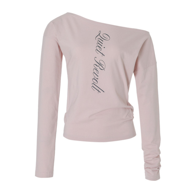 Unique SEI 韩系ins风简约斜领露肩字母印花显瘦百搭长袖T恤上衣